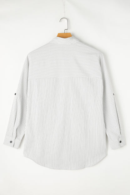 Pocketed Striped Collared Neck Long Sleeve Shirt