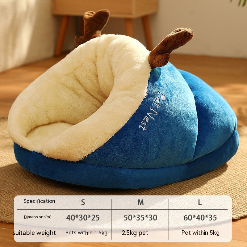 Pet Bed Winter Cat Dog Slippers Small Nest Blue Elk