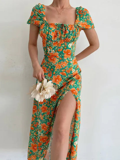 Floral Print Short Sleeve Hip Wrap Party Dress