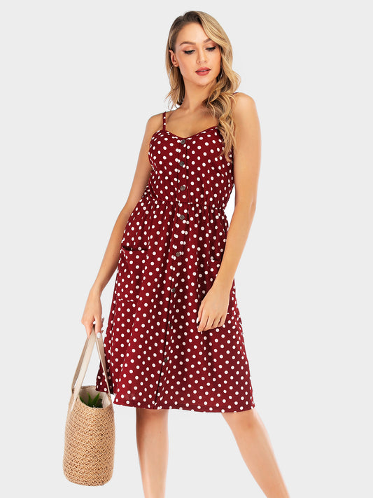 Perfee Polka Dot Sweetheart Neck Dress with Pockets