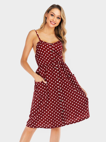 Perfee Polka Dot Sweetheart Neck Dress with Pockets