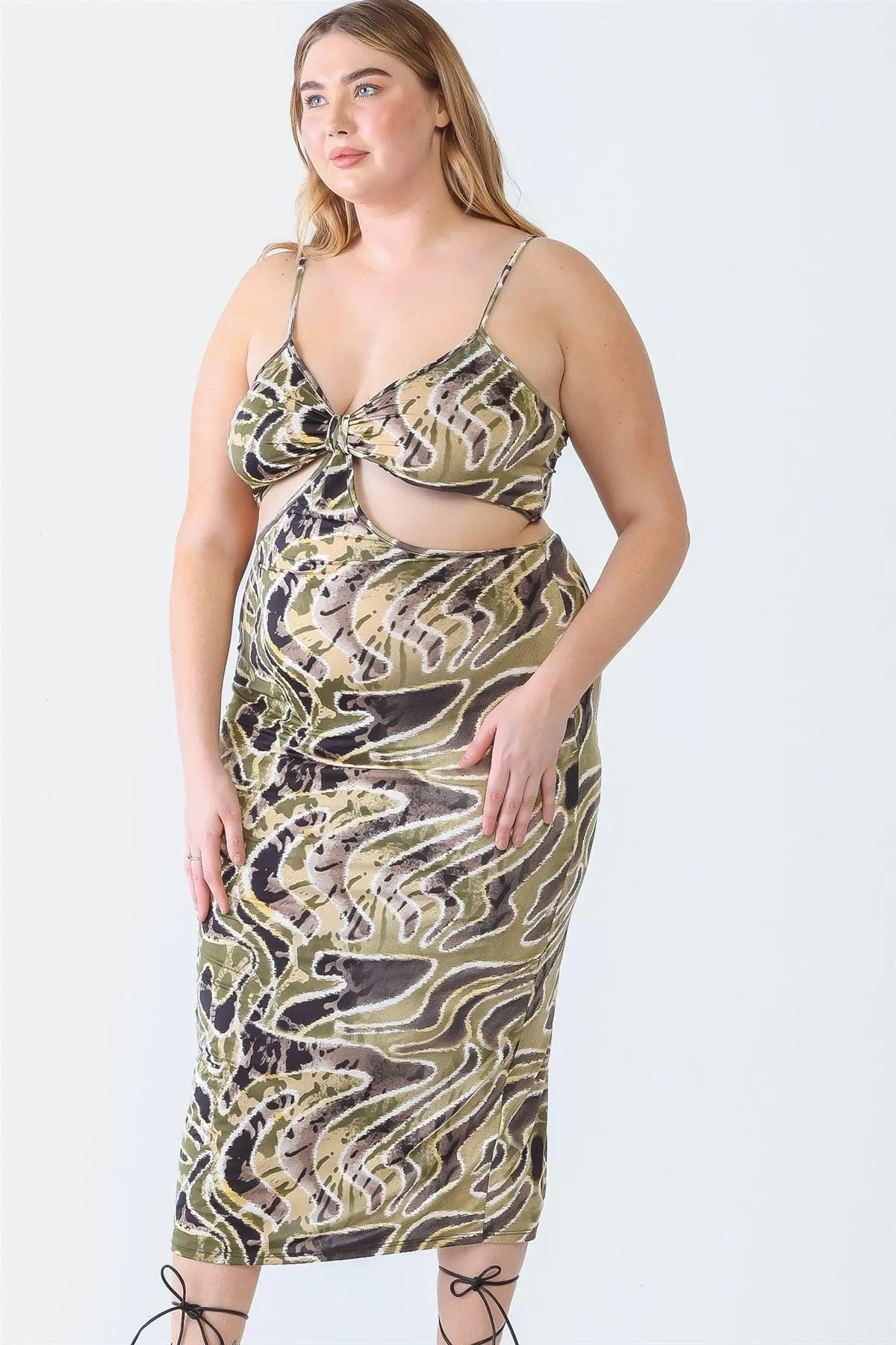 Olive Plus Size Printed Bow Cut-Out Sleeveless  Midi Dress