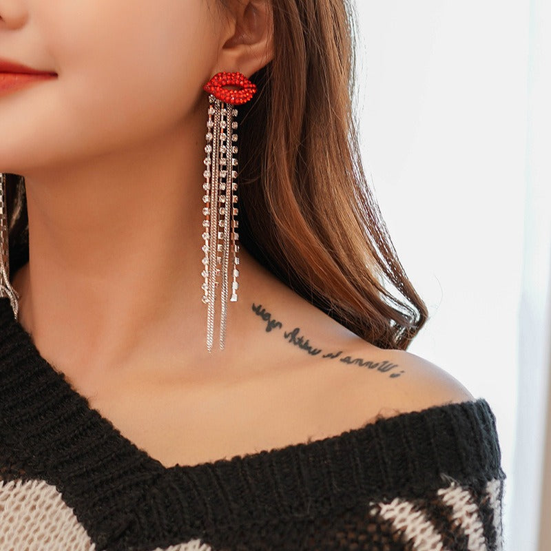 Retro Full Crystal Fashion Red Lip Long Tassel Earrings for Women