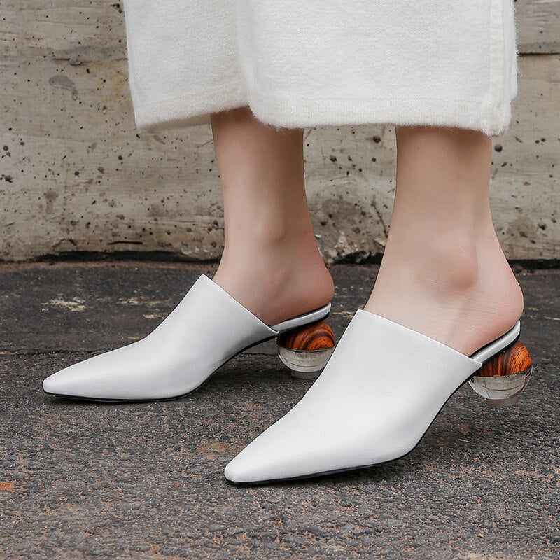 Processing time:3-7days after placing orders SIMLOVEYO Women Slippers Real Cow Leather Shoes Pointed Toe Mules Strange Heels Sheepskin Summer Pantoufle Brand Designer A1678