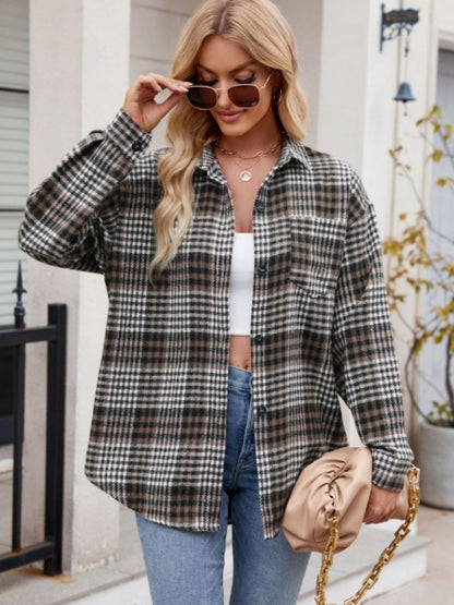 Mandy Pocketed Plaid Collared Neck Long Sleeve Shirt