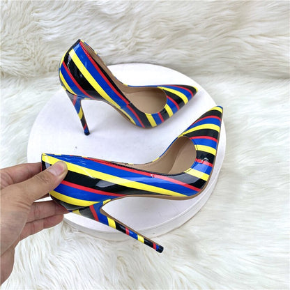 Multi-Color Stripes Print Women Fashion Designer Pointy Toe High Heel Shoes for Party Sexy Ladies Slip On Stiletto Pumps