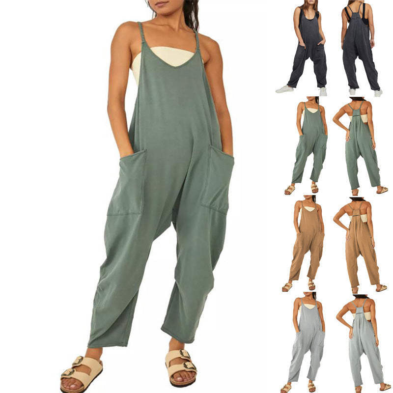 Sommer frauen Lose Ärmellose Overalls Spaghetti Strap Lange Hose Strampler Overall Mit Taschen Zipper