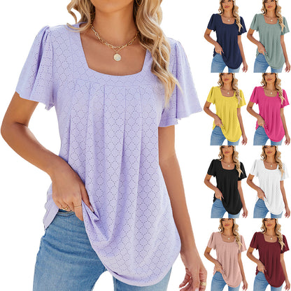 Summer Square Neck Pleated Short-sleeved T-shirt Loose Solid Color Ruffled Hollow Design Top For Womens Clothing