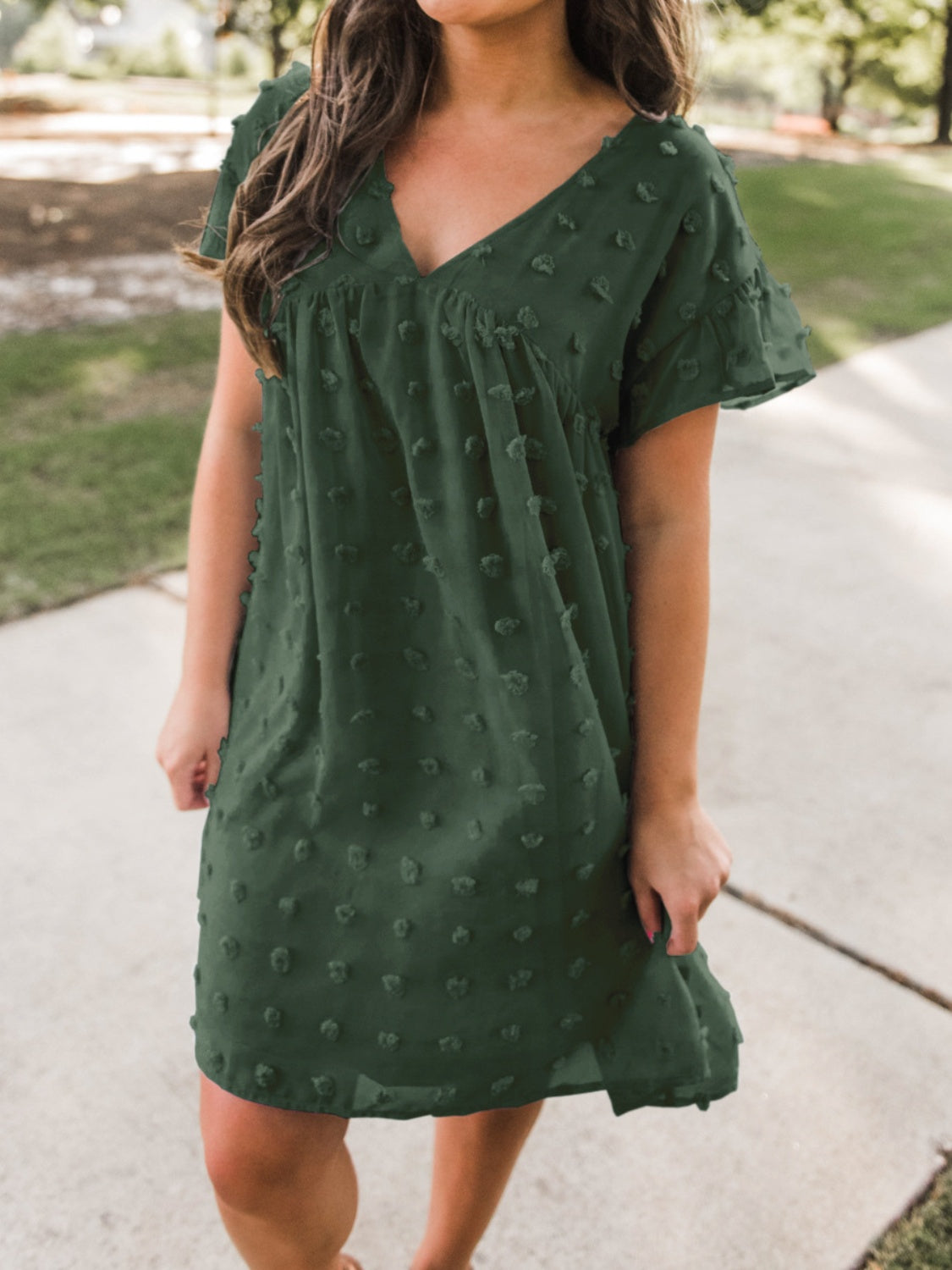 Swiss Dot V-Neck Short Sleeve Mini Dress