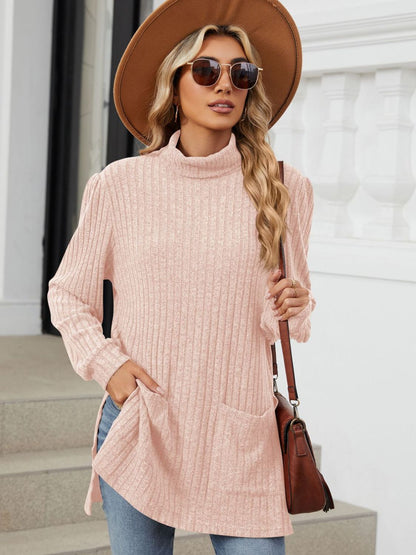 Slit Mock Neck Long Sleeve T-Shirt