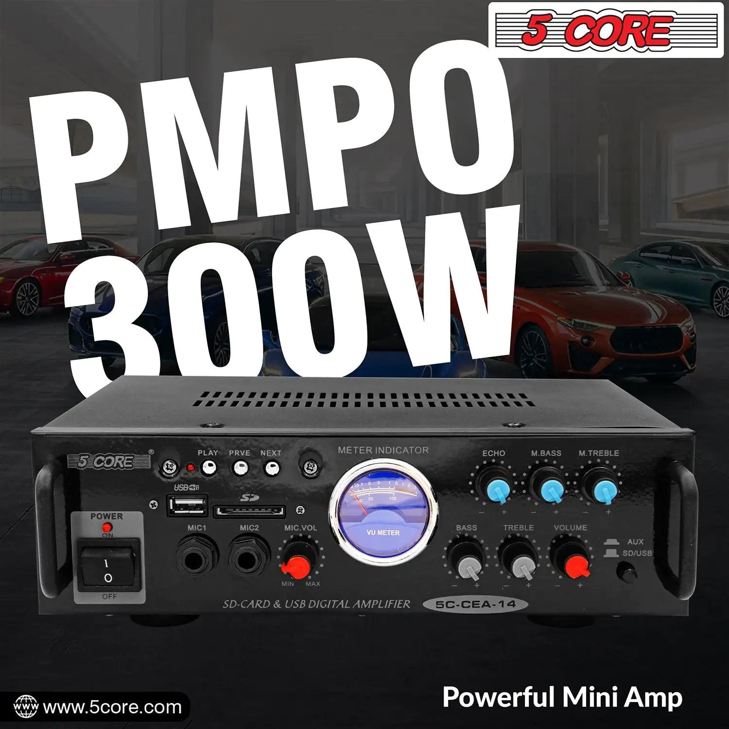 5Core Dual Channel Car Amplifier 300W Sub Woofer Speaker Receiver with USB + SD Card + 2 Mic - Jaazi Intl