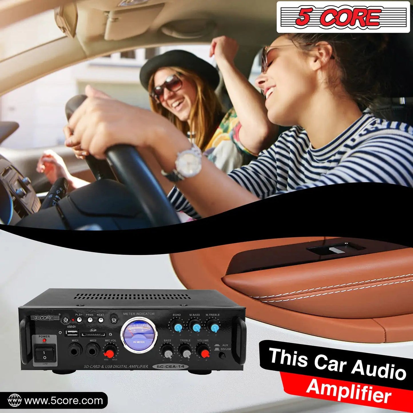 5Core Dual Channel Car Amplifier 300W Sub Woofer Speaker Receiver with USB + SD Card + 2 Mic - Jaazi Intl