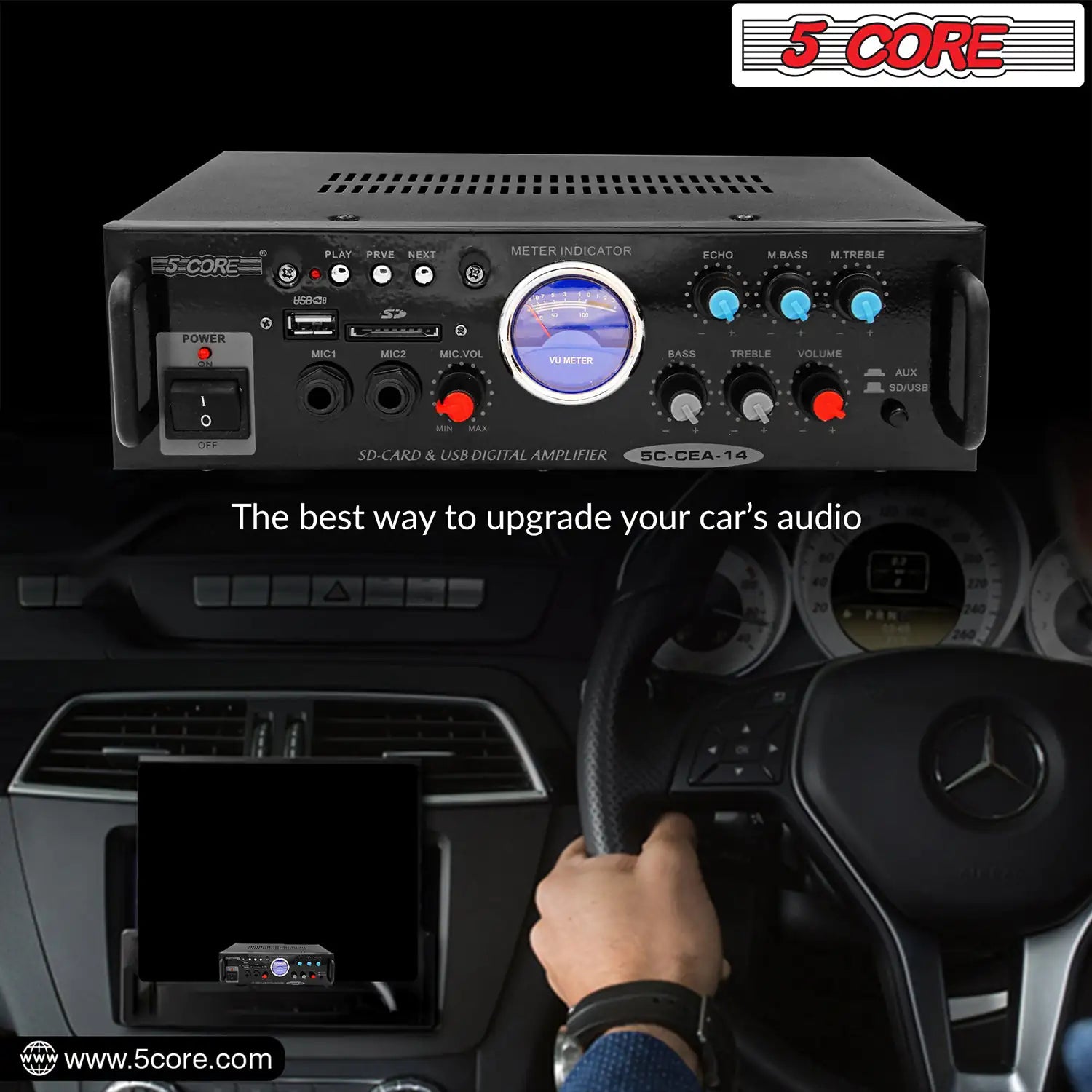 5Core Dual Channel Car Amplifier 300W Sub Woofer Speaker Receiver with USB + SD Card + 2 Mic - Jaazi Intl