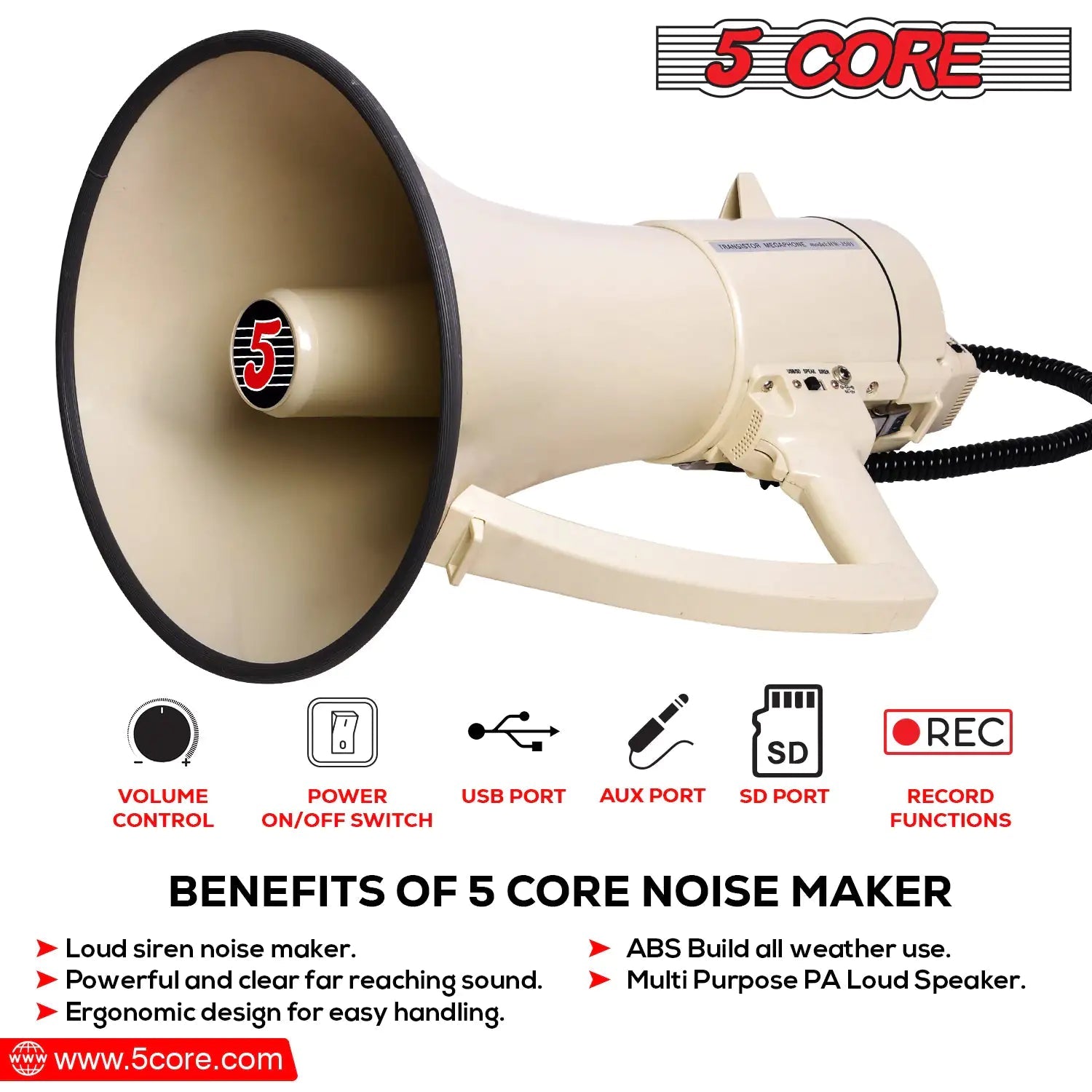 5Core Megaphone Bullhorn Speaker 100W Professional Bull Horn Battery Power Megafono 2000Yard Range - Jaazi Intl