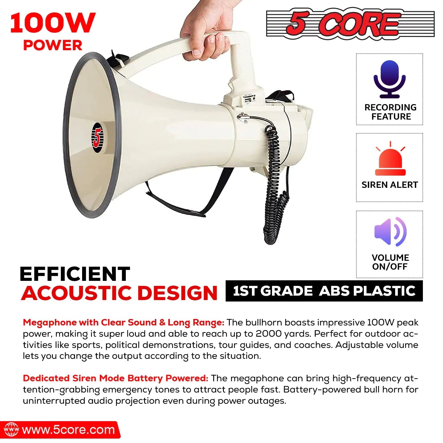 5Core Megaphone Bullhorn Speaker 100W Professional Bull Horn Battery Power Megafono 2000Yard Range - Jaazi Intl