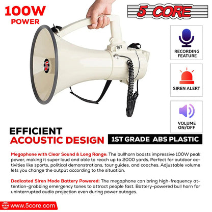 5Core Megaphone Bullhorn Speaker 100W Professional Bull Horn Battery Power Megafono 2000Yard Range - Jaazi Intl