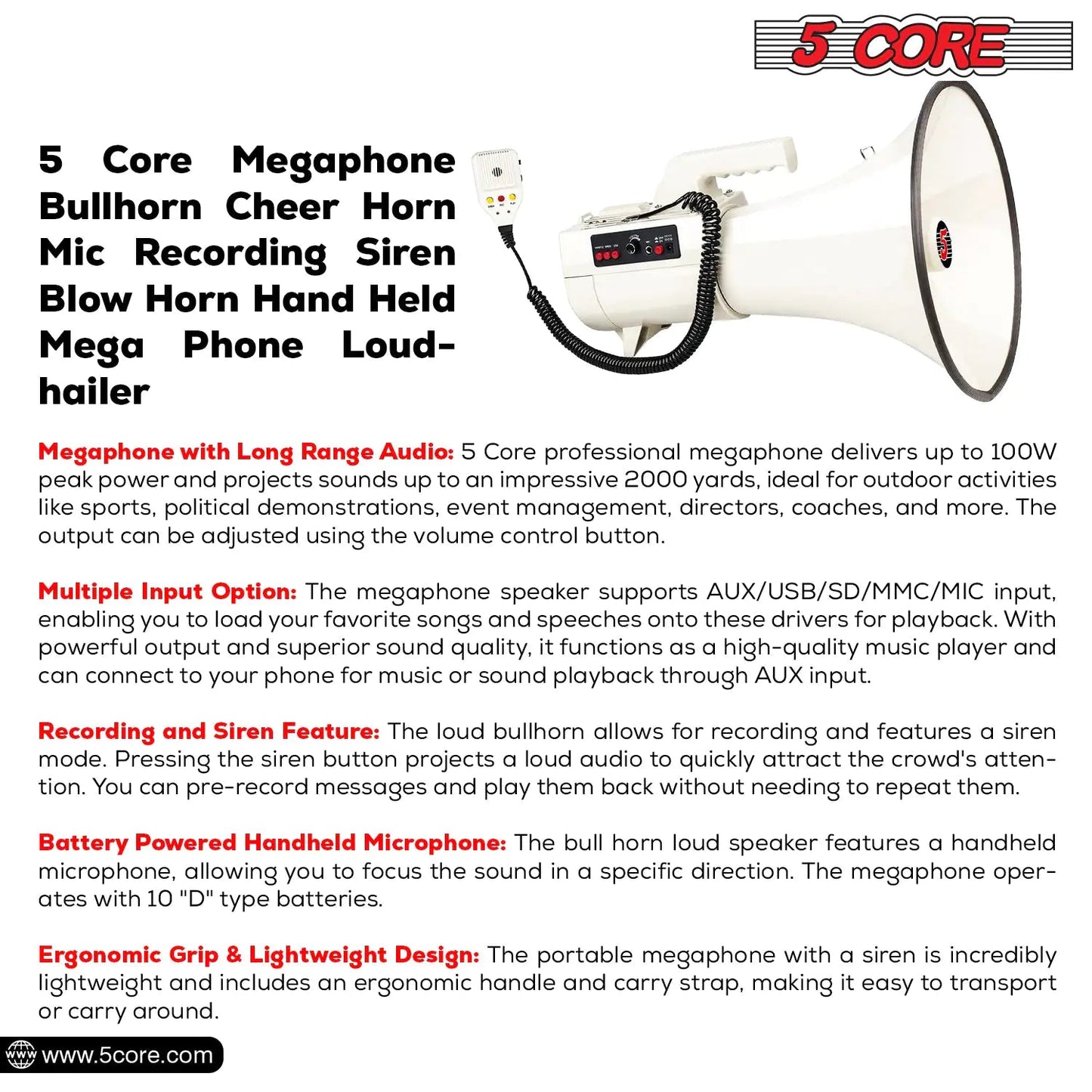 5Core Megaphone Bullhorn Speaker 100W Professional Bull Horn Battery Power Megafono 2000Yard Range - Jaazi Intl