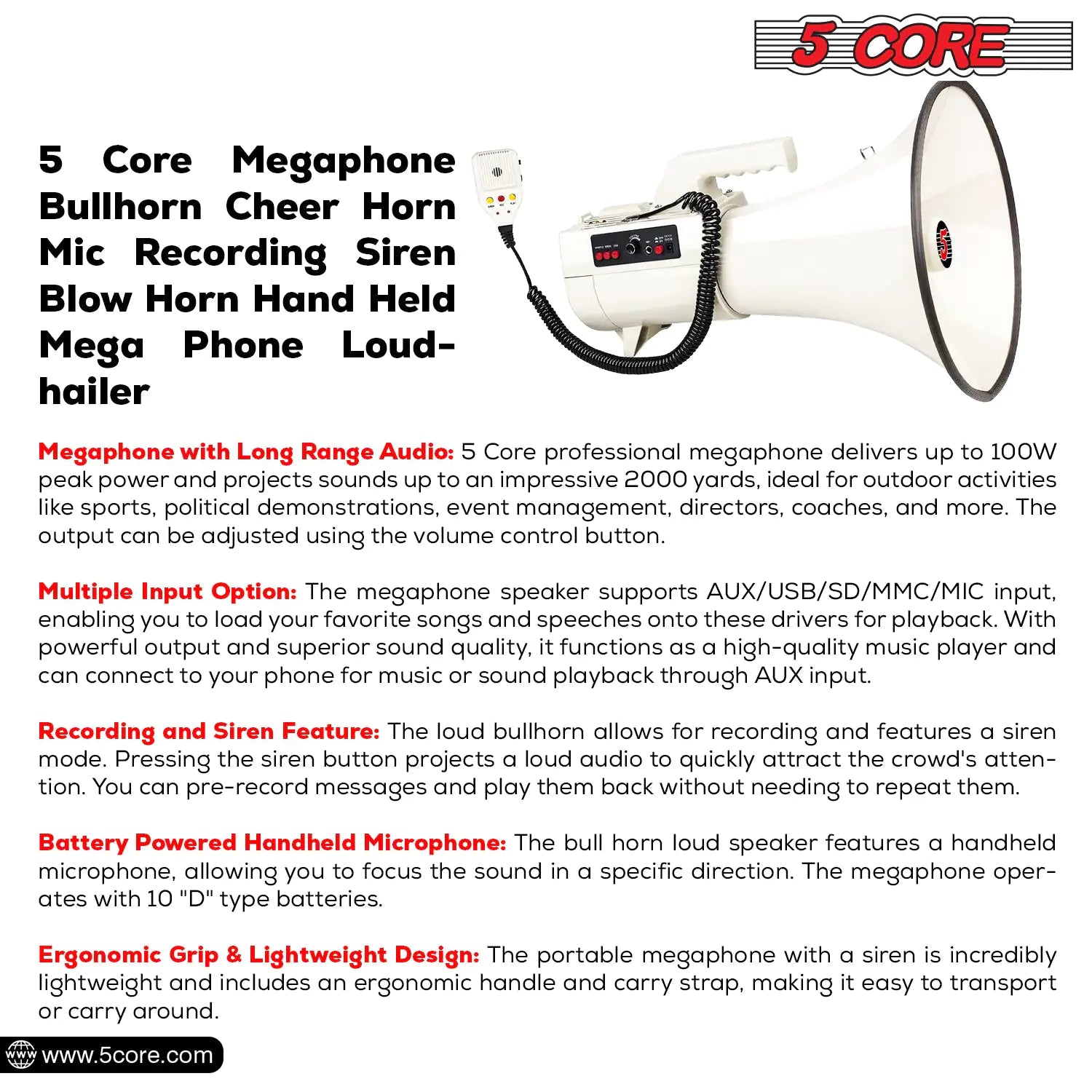 5Core Megaphone Bullhorn Speaker 100W Professional Bull Horn Battery Power Megafono 2000Yard Range - Jaazi Intl