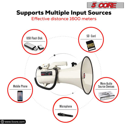 5Core Megaphone Bullhorn Speaker 100W Professional Bull Horn Battery Power Megafono 2000Yard Range - Jaazi Intl