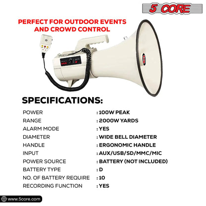 5Core Megaphone Bullhorn Speaker 100W Professional Bull Horn Battery Power Megafono 2000Yard Range - Jaazi Intl