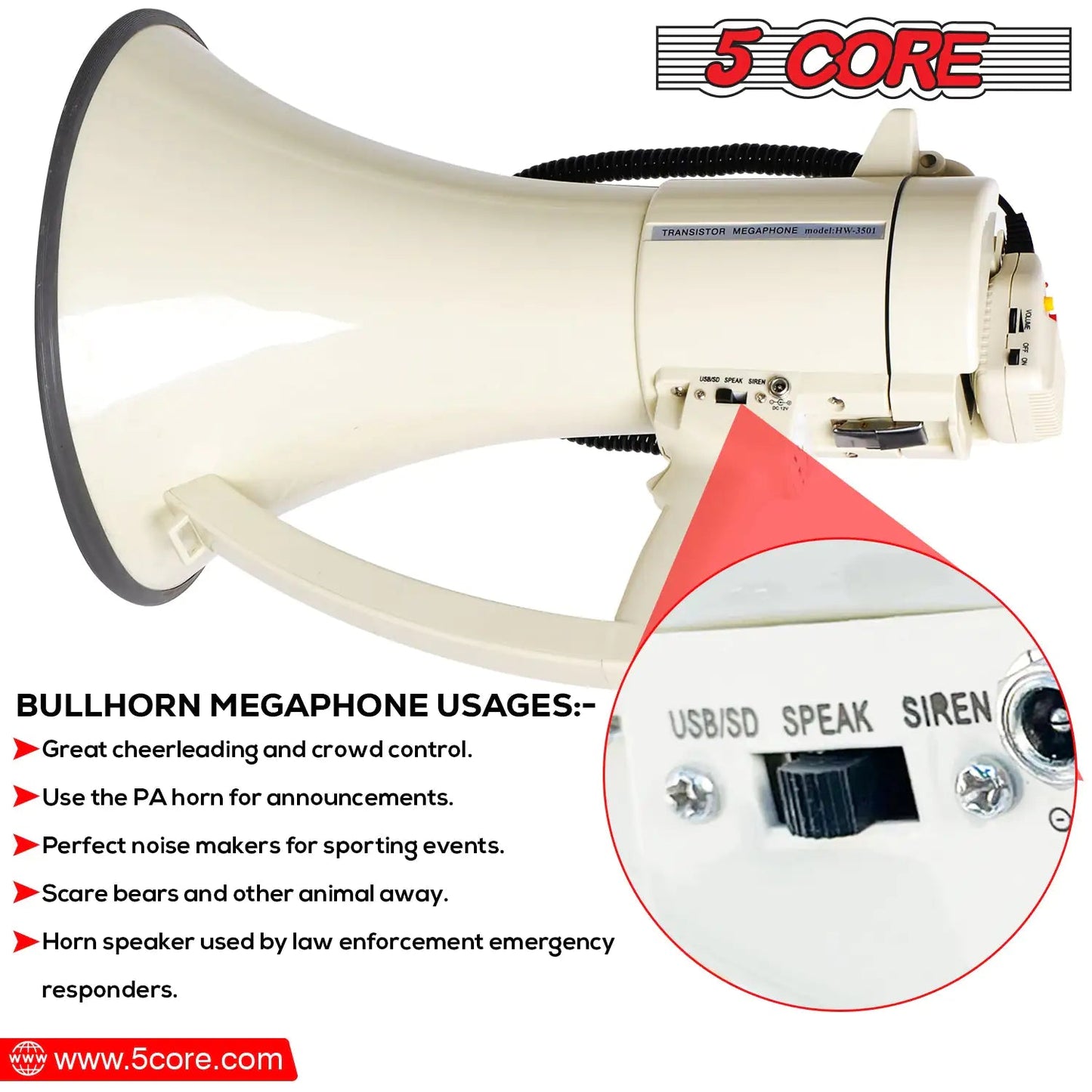 5Core Megaphone Bullhorn Speaker 100W Professional Bull Horn Battery Power Megafono 2000Yard Range - Jaazi Intl