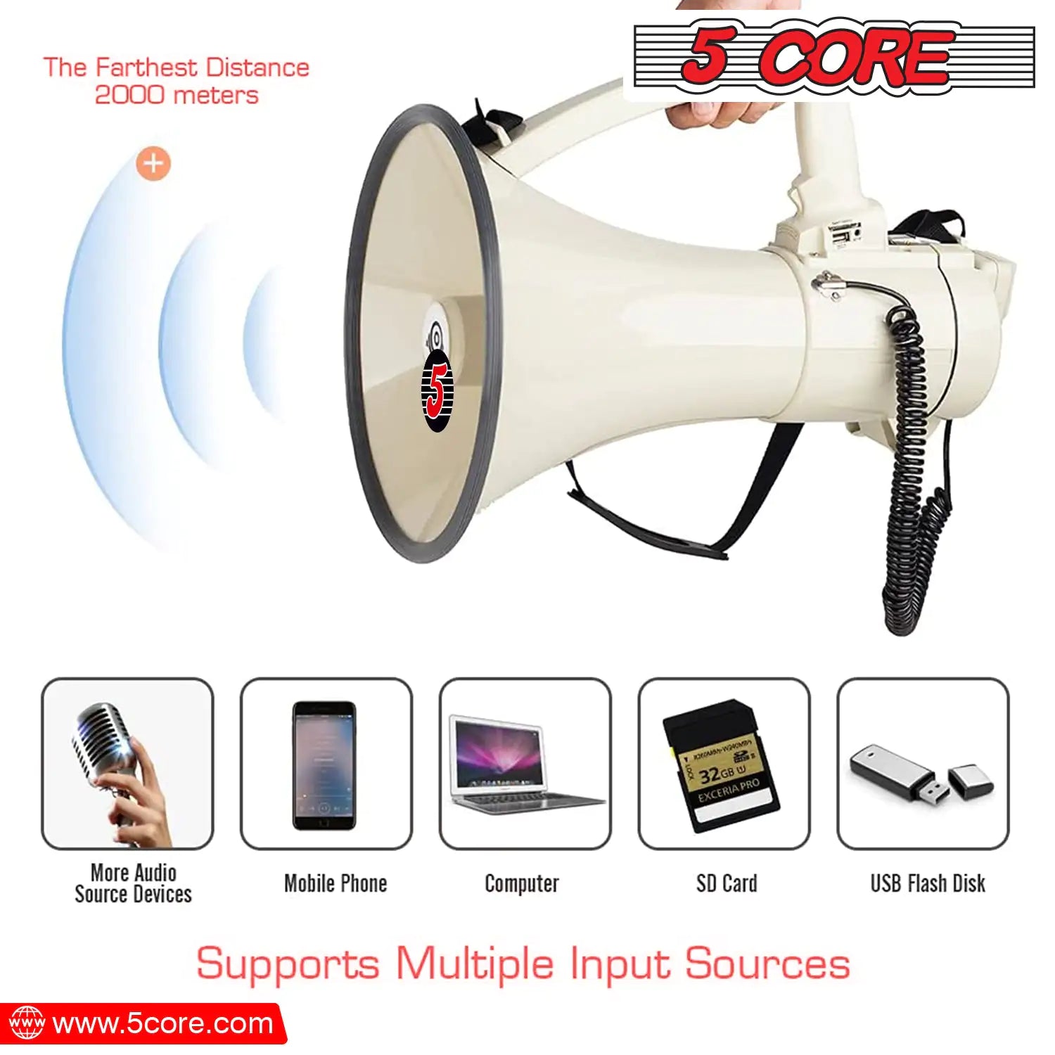 5Core Megaphone Bullhorn Speaker 100W Professional Bull Horn Battery Power Megafono 2000Yard Range - Jaazi Intl