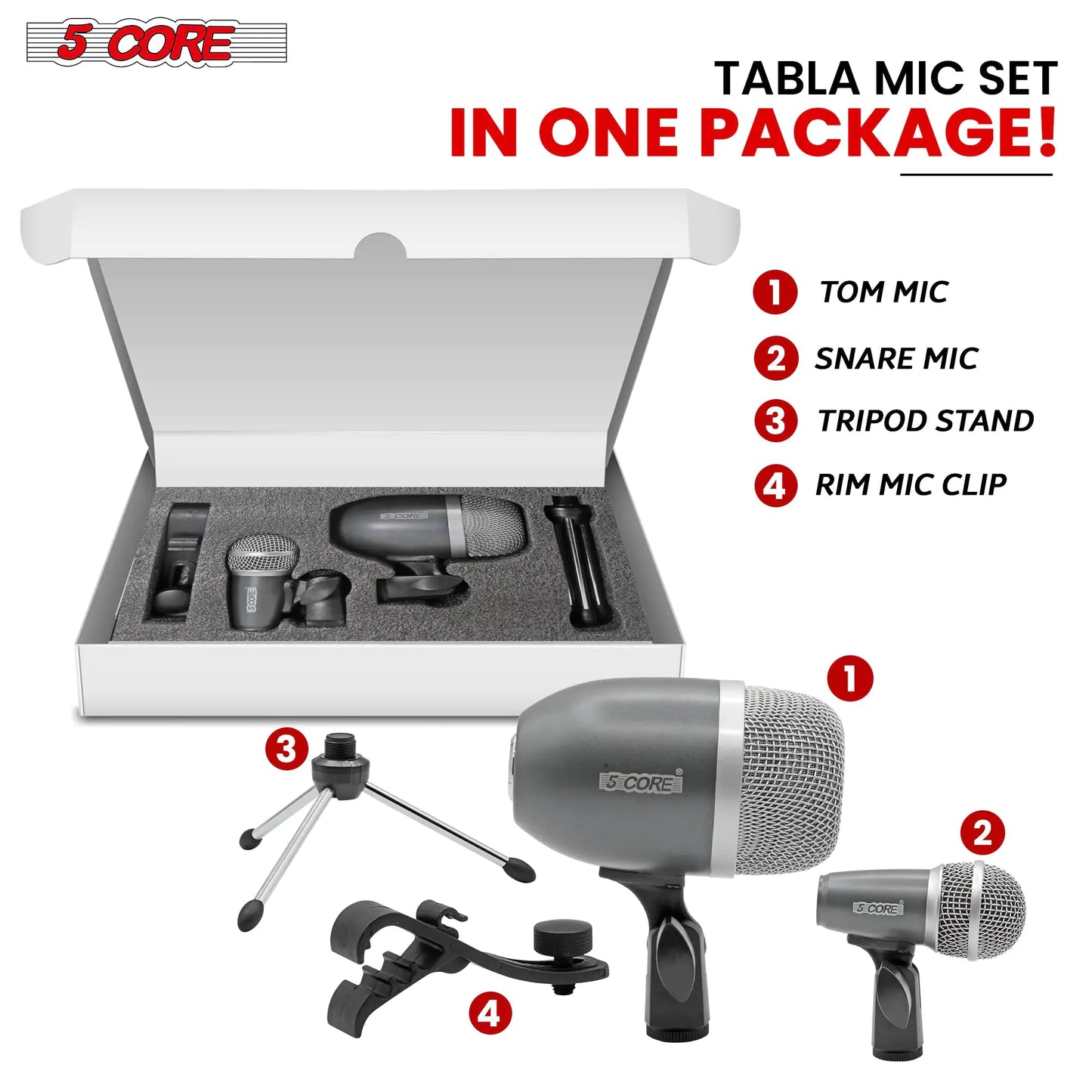 5Core Tabla Microphone Set Uni - Directional XLR Kick Snare Bayan Dayan Instrument Mic - Jaazi Intl