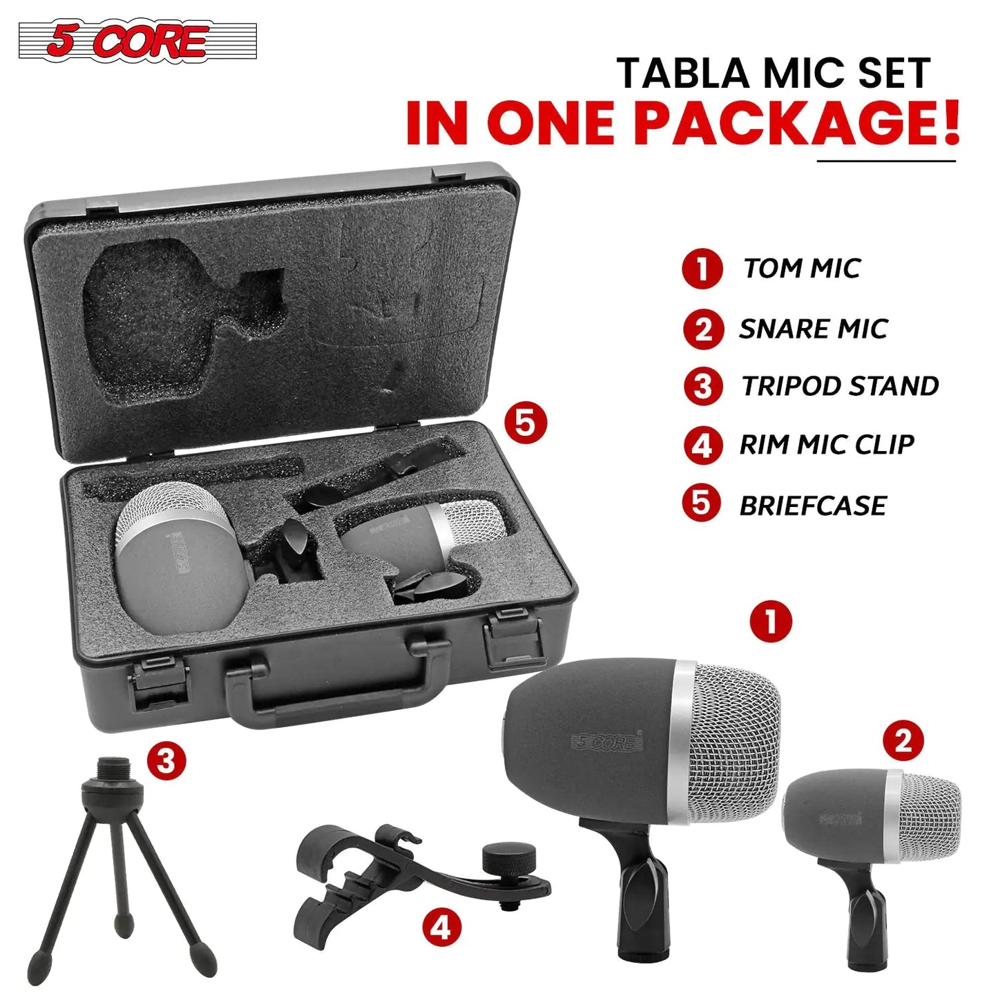 5Core Tabla Microphone Set Uni - Directional XLR Kick Snare Bayan Dayan Instrument Mic - Jaazi Intl