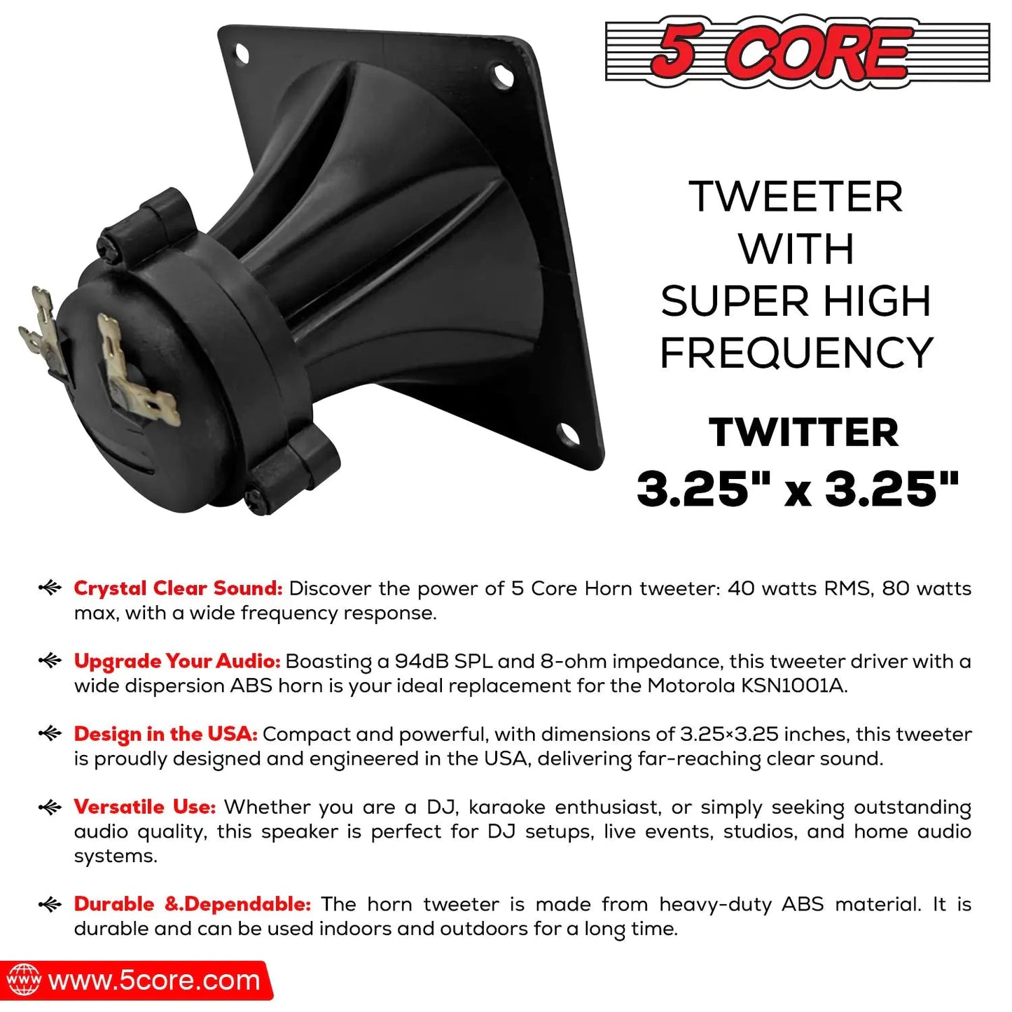 5Core Tweeter 3.25" x 3.25" 40W Component Square Driver Replacement Piezo Super Horn - Jaazi Intl