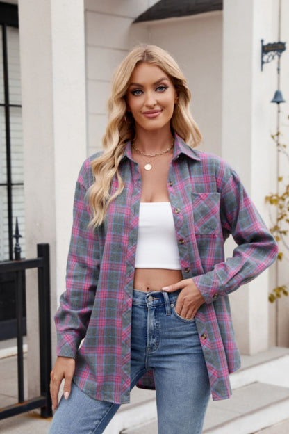 Mandy Pocketed Plaid Collared Neck Long Sleeve Shirt