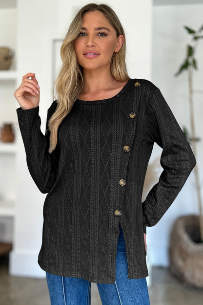 Slit Round Neck Long Sleeve T-Shirt