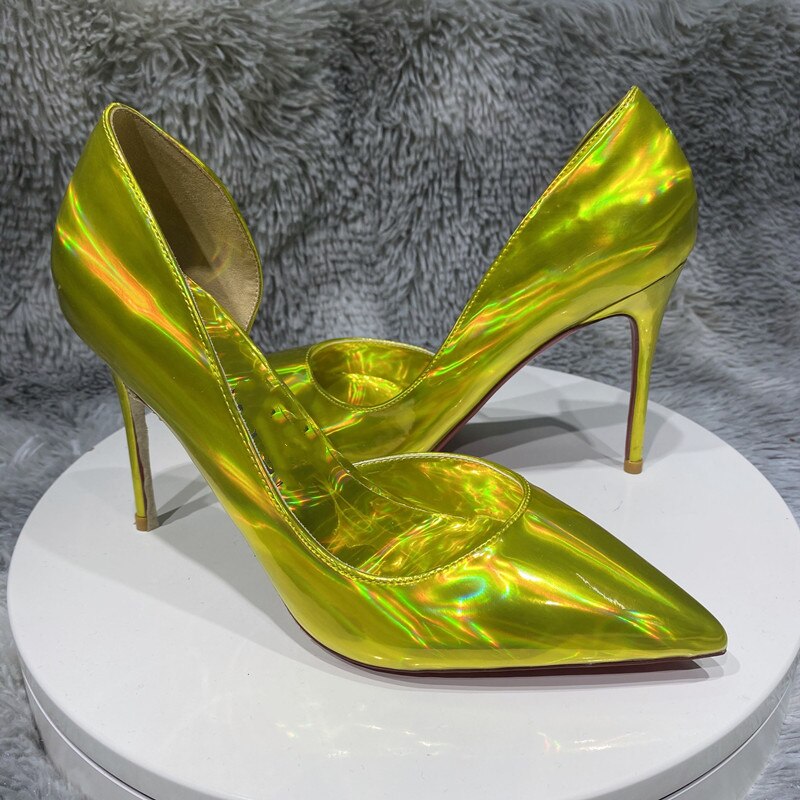 Tikicup Laser All Gold Frauen funkeln glänzende spitze Zehen High Heel Schuhe für Party Sexy D'Orsay Side Cut Stiletto Pumps Plus Size 