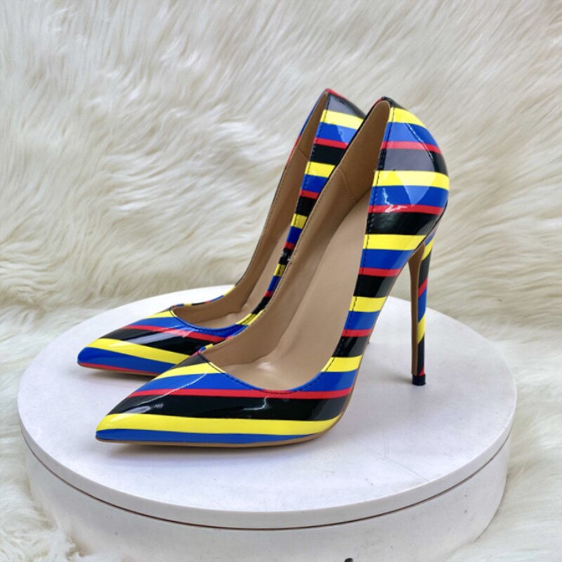 Multi-Color Stripes Print Women Fashion Designer Pointy Toe High Heel Shoes for Party Sexy Ladies Slip On Stiletto Pumps