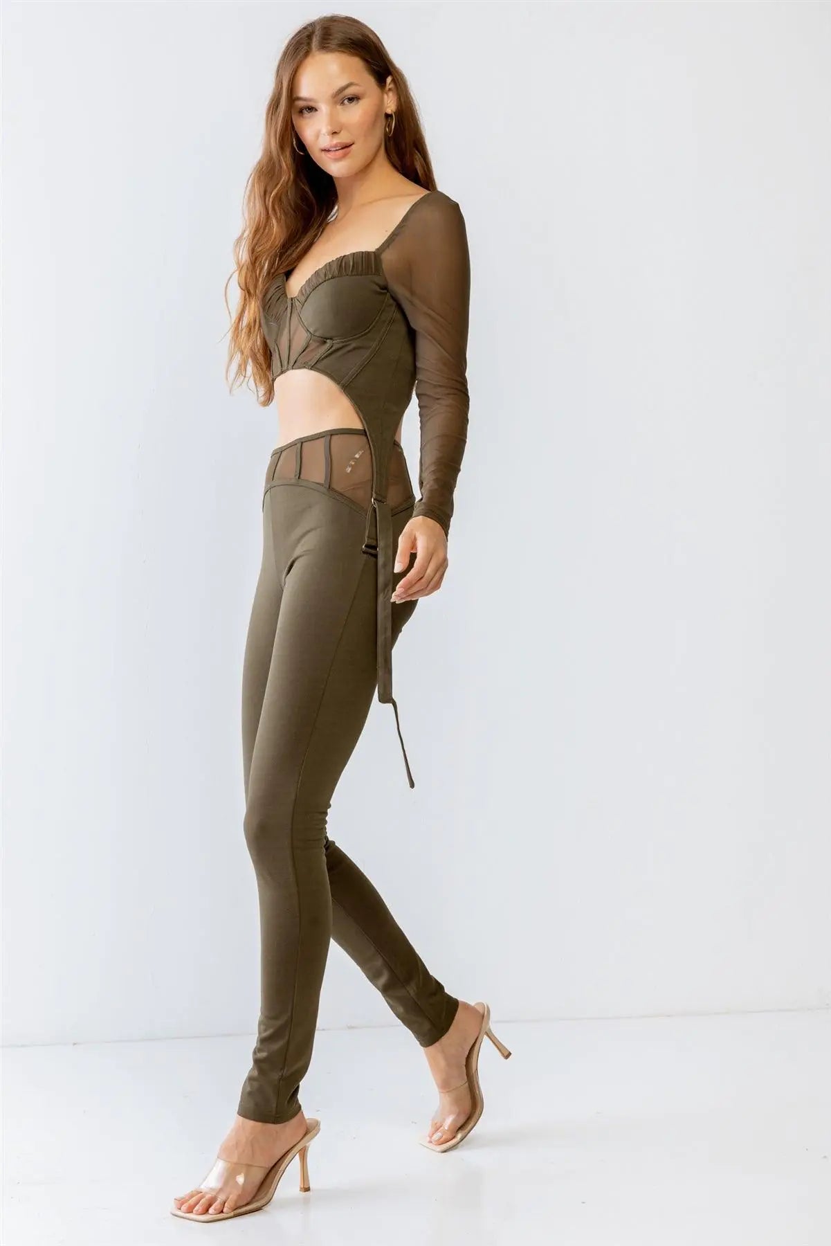 Olive Rushed Bust Corset Mesh Long Sleeve Crop Top & High Waist Slim Fit Corset Detail Pants Set S-M-L/2-2-2