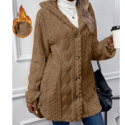 Hooded Cardigan Button Long Jacket Winter Solid Color Long Sleeve Coat