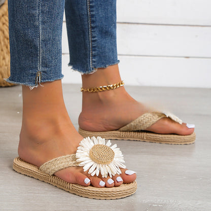 Summer New Fashion Women's Linen Fashion Simple Flower Flat Casual Sandals