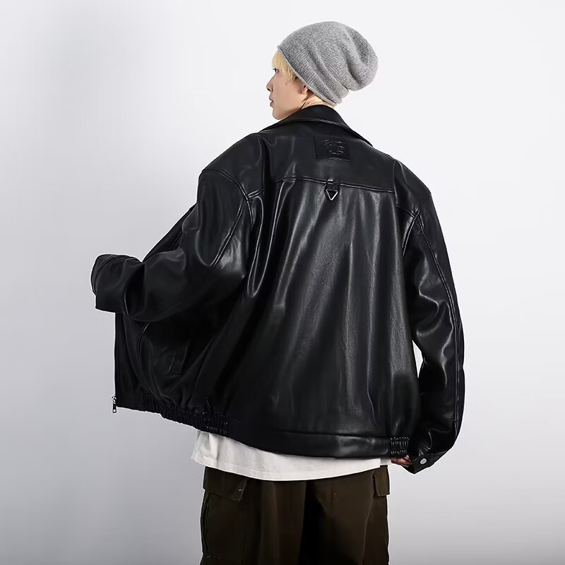 Retro Textured Motorcycle Clothing Leather Coat For Men Loose Casual Jacket