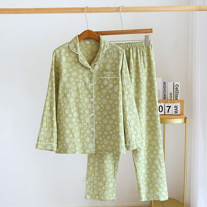 spring and summer women's pajamas suit long-sleeved trousers two-piece 100% cotton crepe flower leaves home clothes