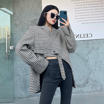 Plaid Blazers For Women Notched Colllar Long Sleeves Patchwork Binding Loose Blazer Female Fashion