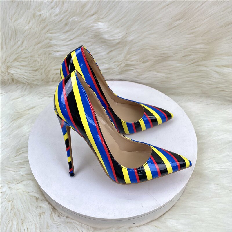 Multi-Color Stripes Print Women Fashion Designer Pointy Toe High Heel Shoes for Party Sexy Ladies Slip On Stiletto Pumps