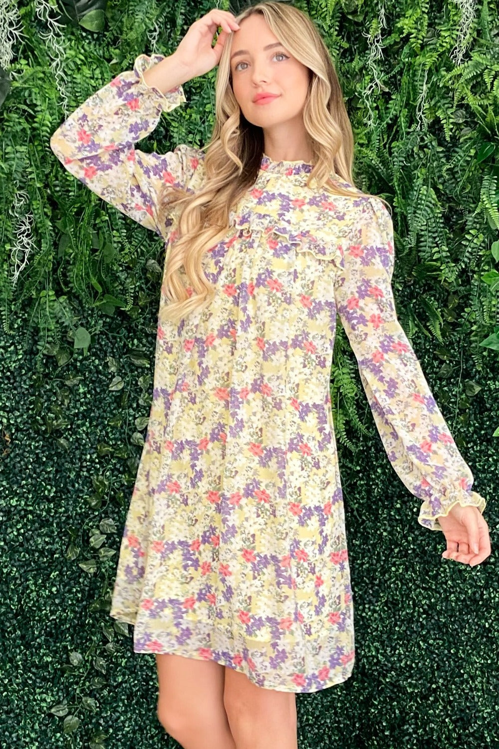 And The Why Floral Mock Neck Flounce Sleeve Dress