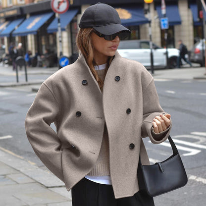 Vintage Brown Woolen Coat Women's V-neck