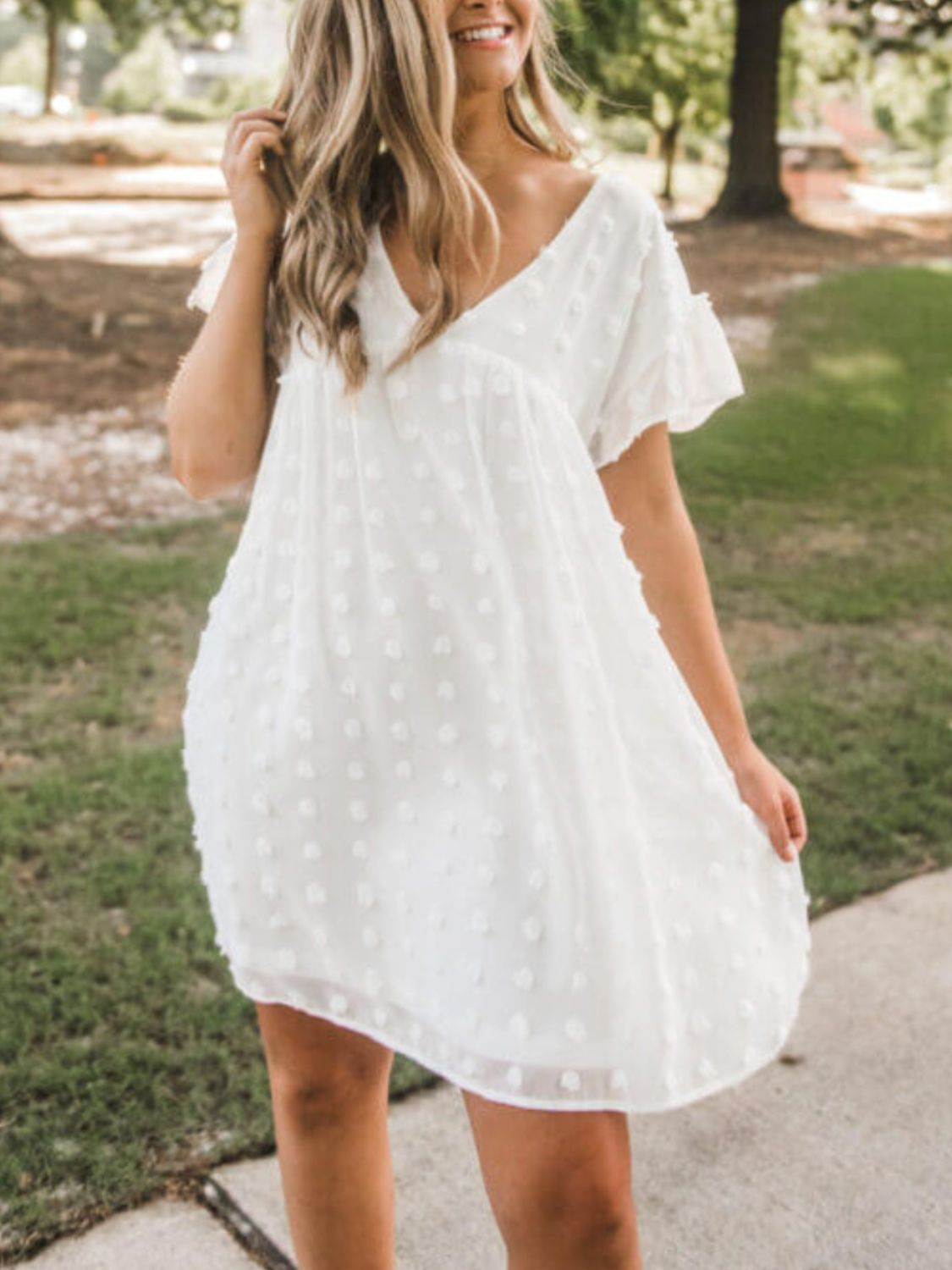 Swiss Dot V-Neck Short Sleeve Mini Dress