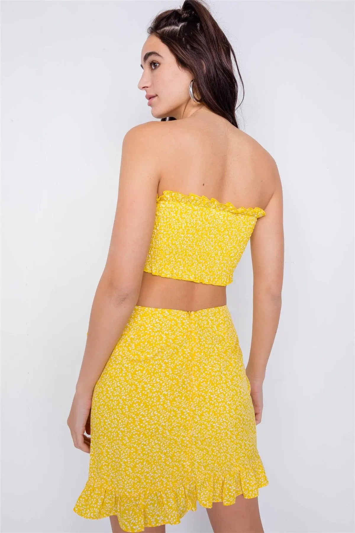 Yellow Boho White Floral Print Bandeau Mini Wrap Skirt Set  /4-2-1