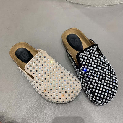 Mules Slippers Women New In 2023 Fashion Casual Summer Slides Rhinestones Female Shoes Ladies Outside Round Toe Flats