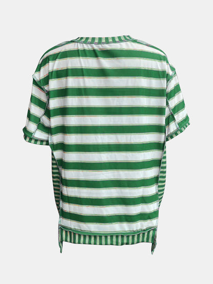 Full Size Contrast Stitching Striped Round Neck T-Shirt