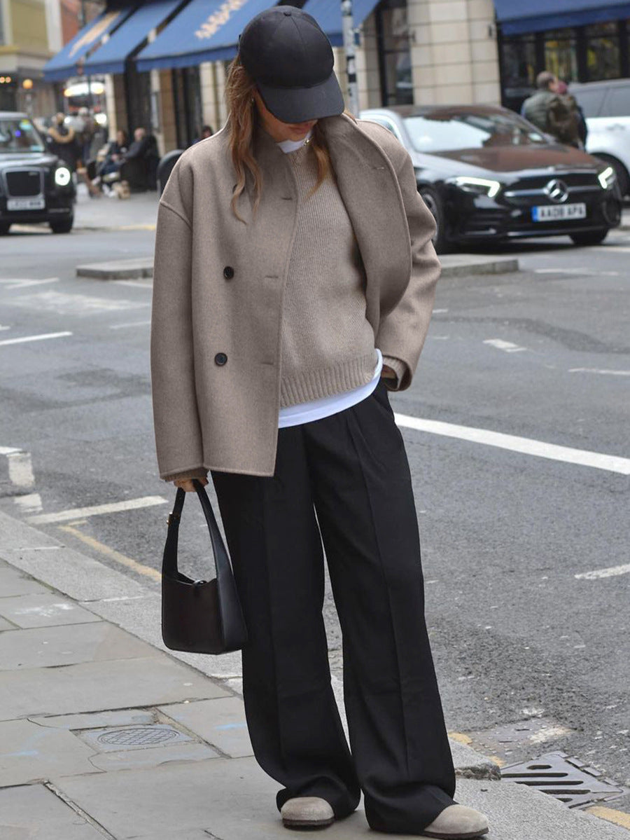 Vintage Brown Woolen Coat Women's V-neck