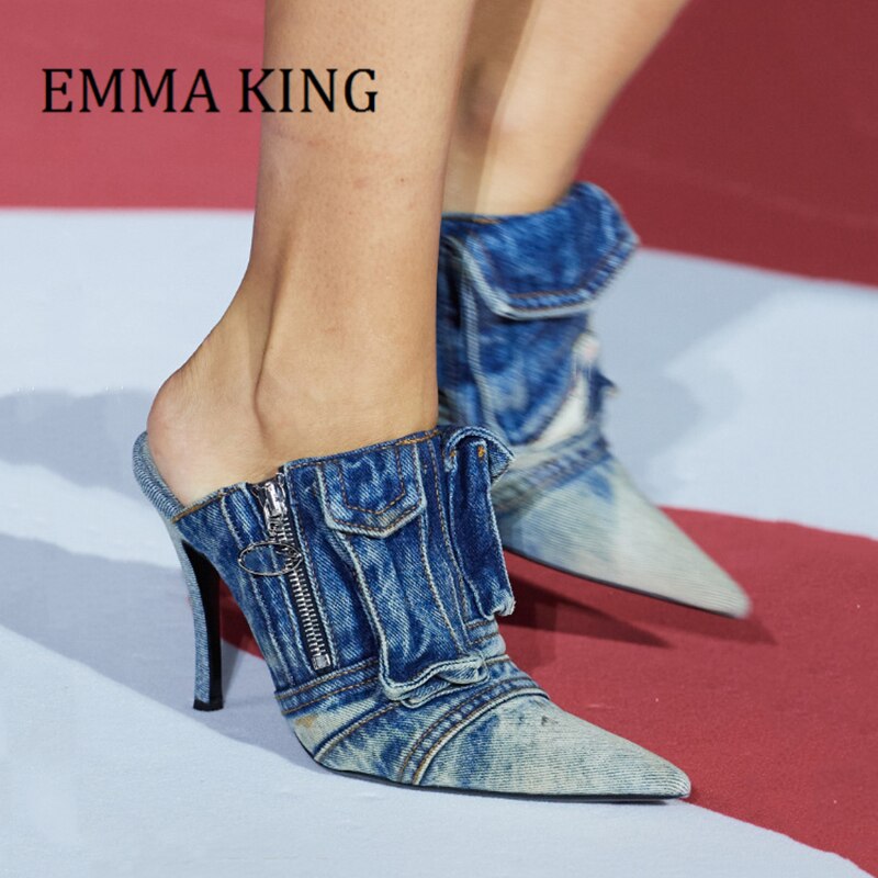 Spring Women High-heel Denim Mules Sexy Pointy Toe Stiletto Heels Slippers Female Fashion Side Zip Pockets Details Slides Shoes