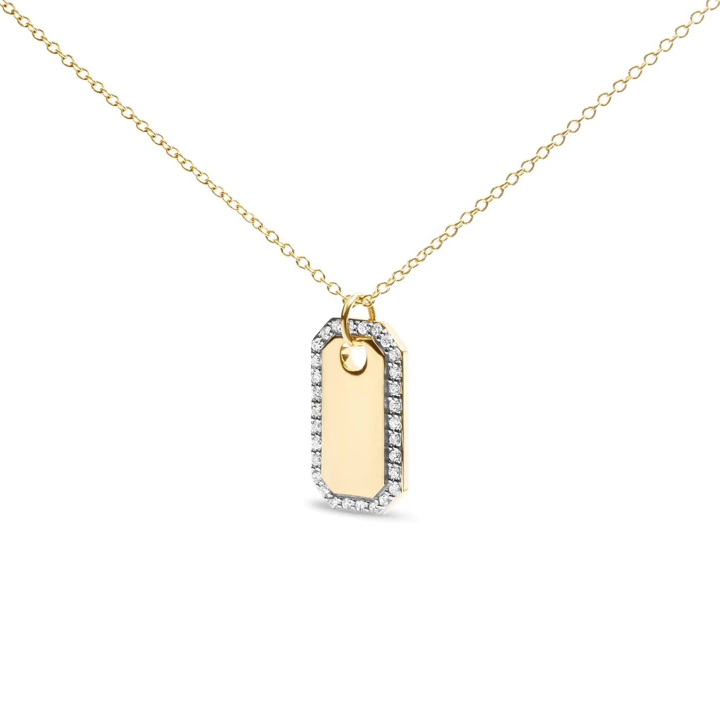 14K Yellow Gold 1/4 Cttw Diamond Halo  Octagonal Dog Tag Pendant 18" Necklace (I-J Color, I2-I3 Clarity)