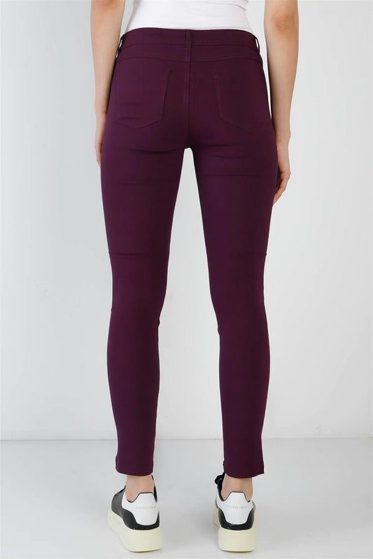 Purple Plum Contrast Button Mid Rise Skinny Pants